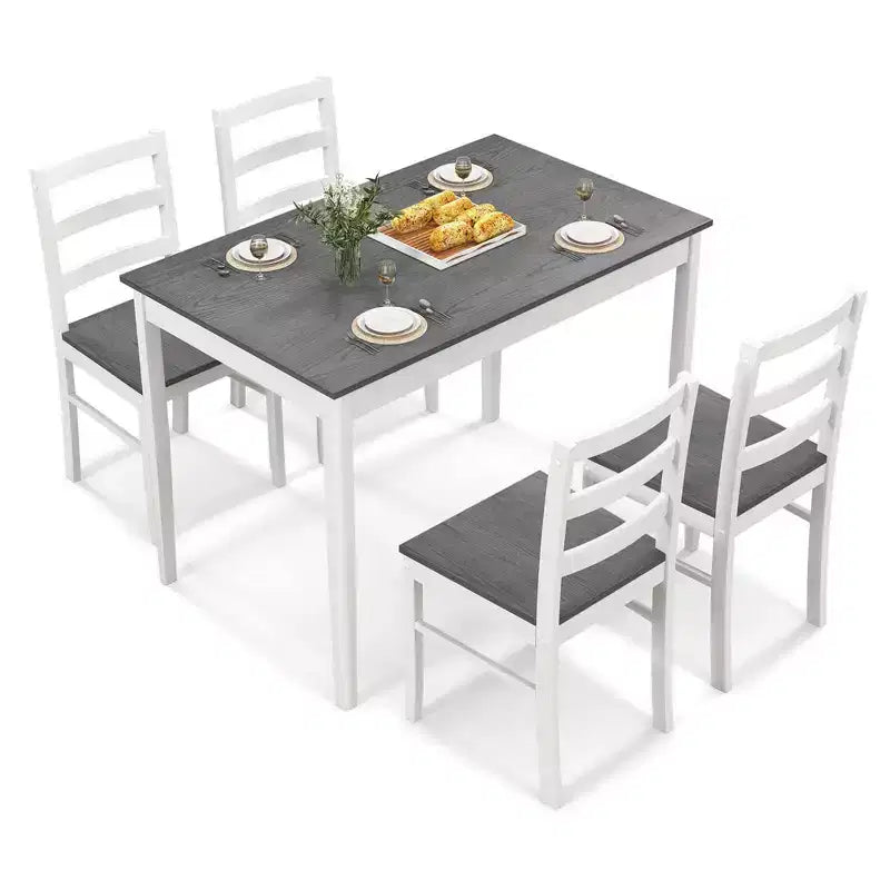 Costway 5-teiliges Esszimmer-Set Massivholz Küchenmöbel mit rechteckigem Tisch & 4 Stühlen Natur/Kaffee/Grau