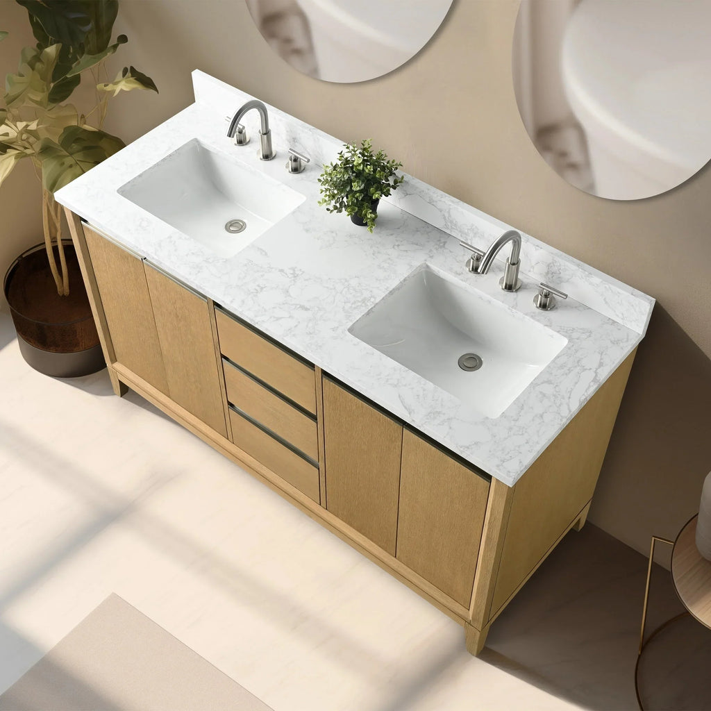 Vanity Art Badezimmerschrank mit Keramikwaschbecken und Platte aus technischem Marmor