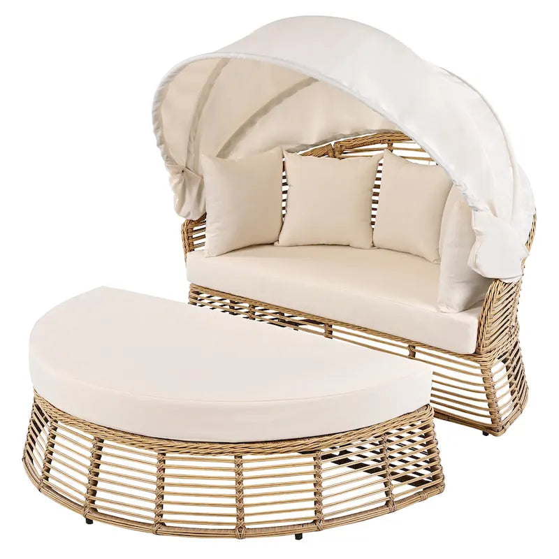Rundes Outdoor-Rattan-Tagesbett mit Sonnendach und abnehmbaren Kissen