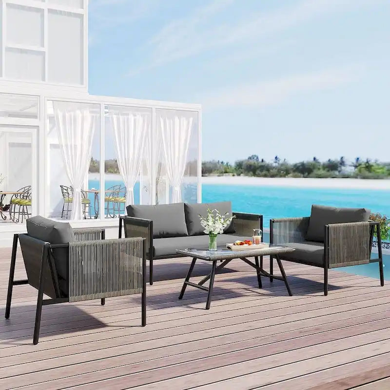 4-teilige Outdoor-Lounge-Garnitur aus Seil für 4 Personen mit Auflagen und Glastisch
