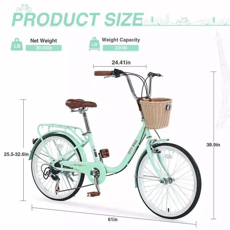 Okak 22-Zoll-Cruiser-Fahrräder mit Frontkorb, Mädchenfahrrad mit Stahlrahmen, V-Bremse und Komfortsattel, Fahrrad für Mädchen und Frauen