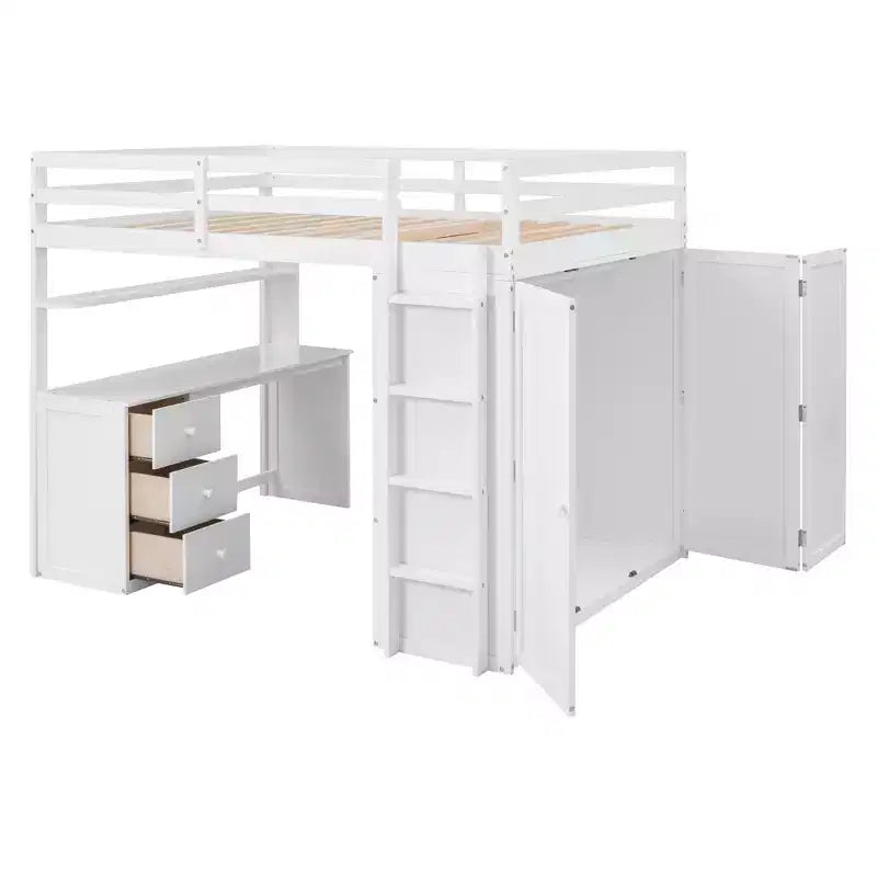 CLIHOME Hochbett in Full-Size mit 3 Schubladen, Schreibtisch und Kleiderschrank