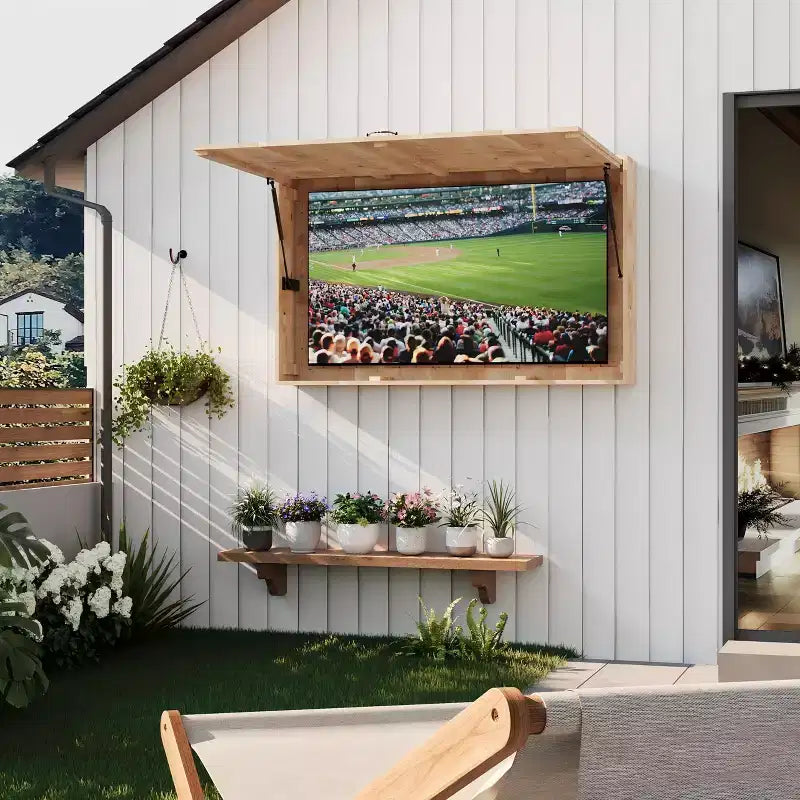 55-Zoll-Outdoor-TV-Gehäuse, wetterfeste TV-Abdeckung aus Massivholz mit 4D-verstellbarer Halterung & hochklappbarer Tür (passend für 44-55-Zoll-Fernseher)