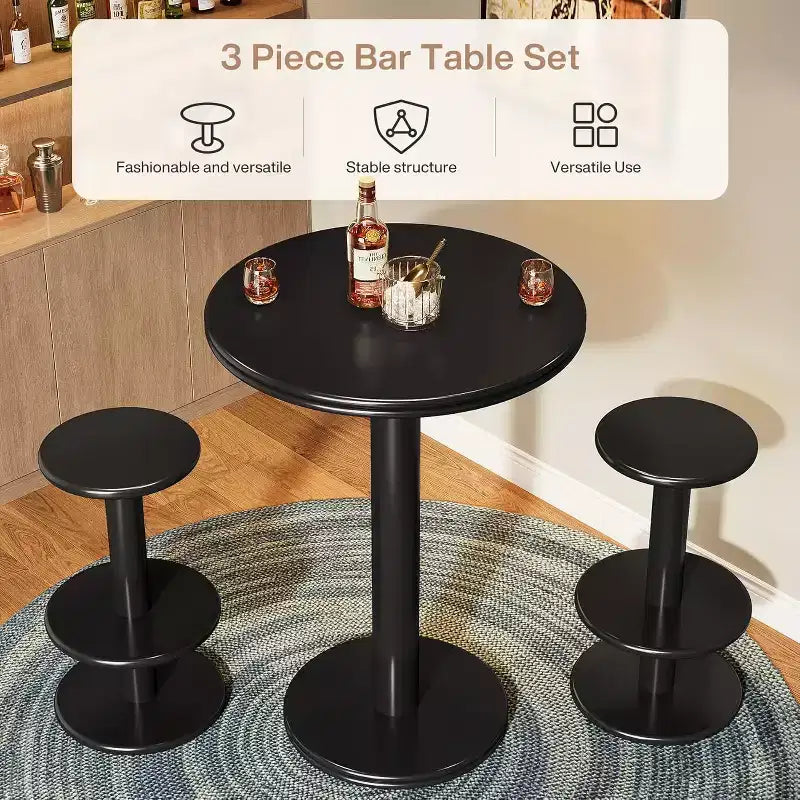 Lantine 100 cm hoher runder Bartisch mit 2 Barhockern, moderner Bistro-Stehtisch in Schwarz für Küche, Wohnzimmer, Apartment