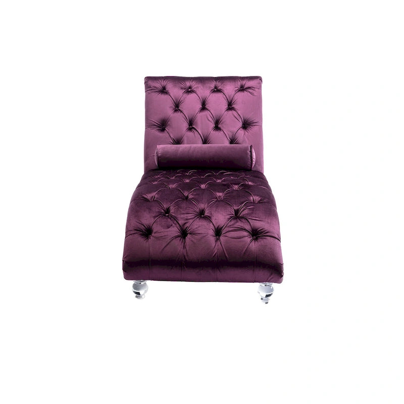 Violette, gepolsterte Récamiere mit Knopfheftung, Kissen und Acrylbeinen
