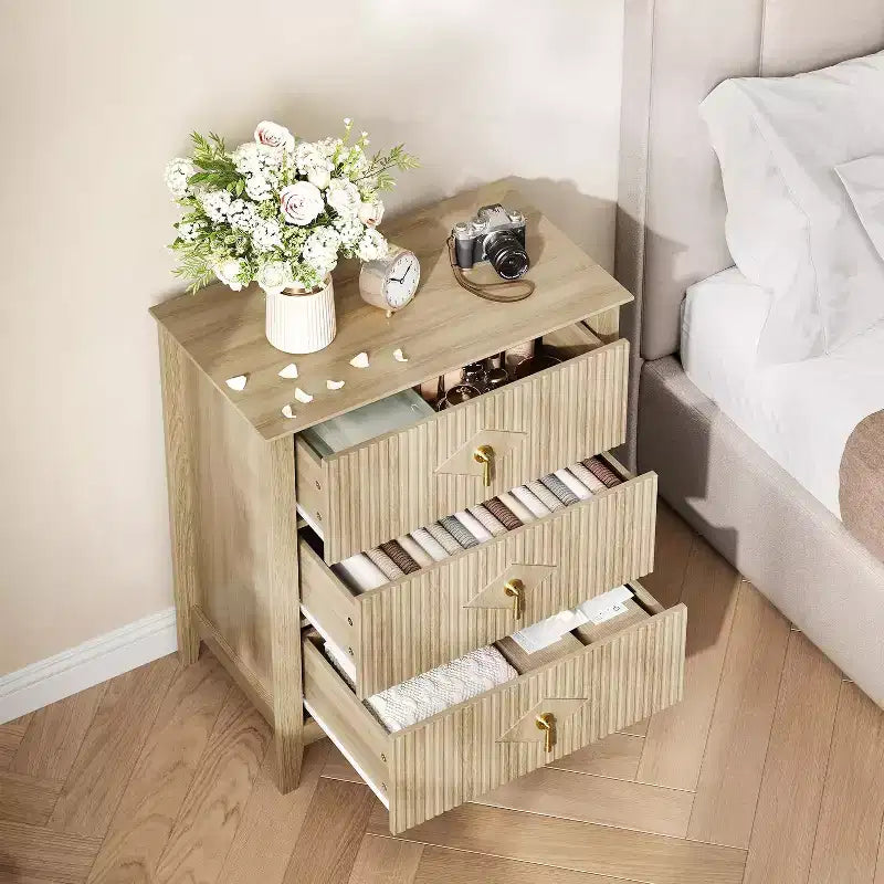 2 Stück geriffelte Holz-Nachttische, 27,5 breit, 3-Schubladen-Kommoden-Set, moderne Beistelltische, Schubladenschrank für Schlafzimmer und Wohnzimmer