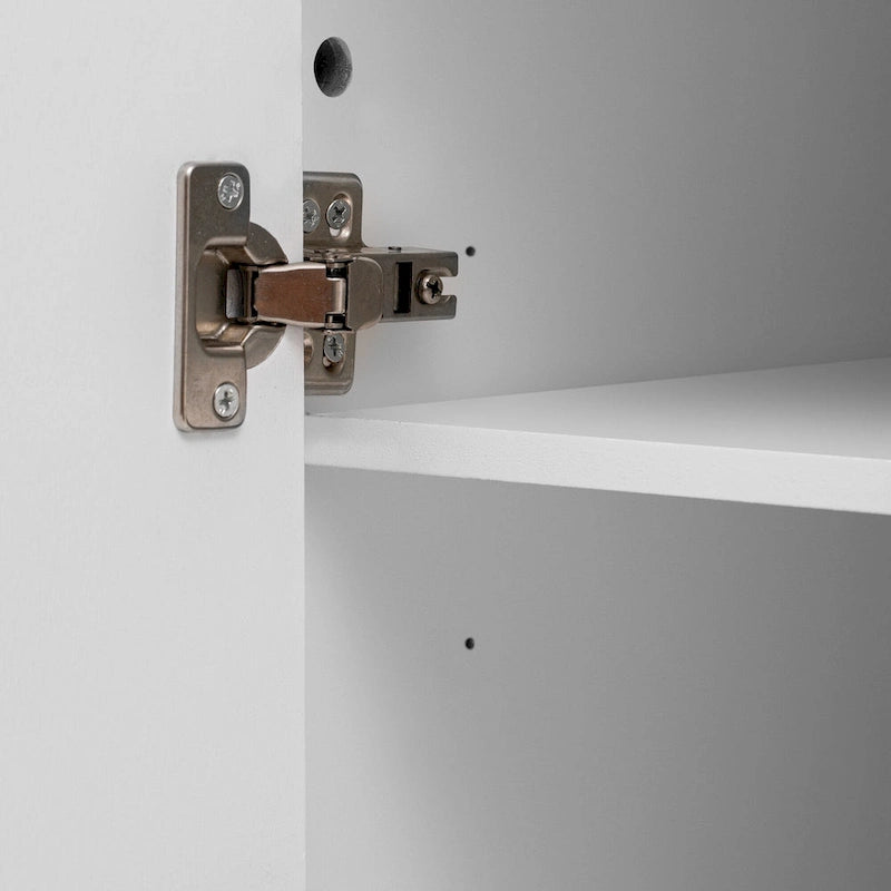 Geschwungenes Aufbewahrungsschrank-Sideboard mit 4 gestreiften Türen und verstellbaren Einlegeböden, moderner Flurschrank mit Kiefernholzbeinen