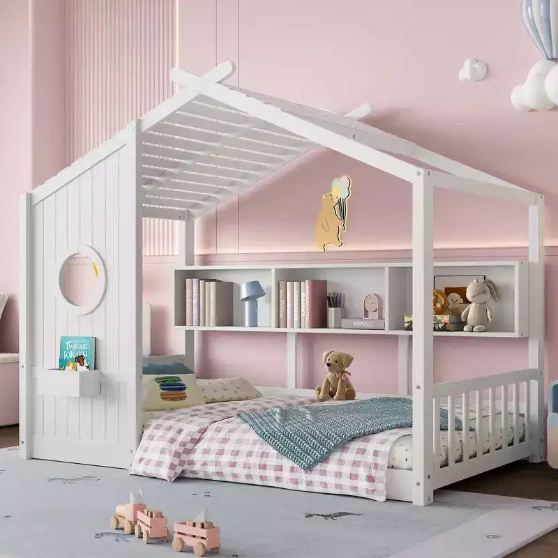 Bodenbett für Kinder in Twin-Größe, Montessori-Hausbett mit Ablagefach und Dachdesign