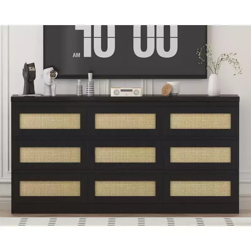 Kommode fürs Schlafzimmer, Rattan-Kommode mit 9 Schubladen für den Kleiderschrank, Doppelholz-Kommoden & Schubladenschränke