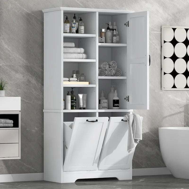 Badezimmerschrank mit Schubladen, kippbarem Wäschekorb, mehreren Ablagefächern, offenem Regal und verstellbarem Regalboden