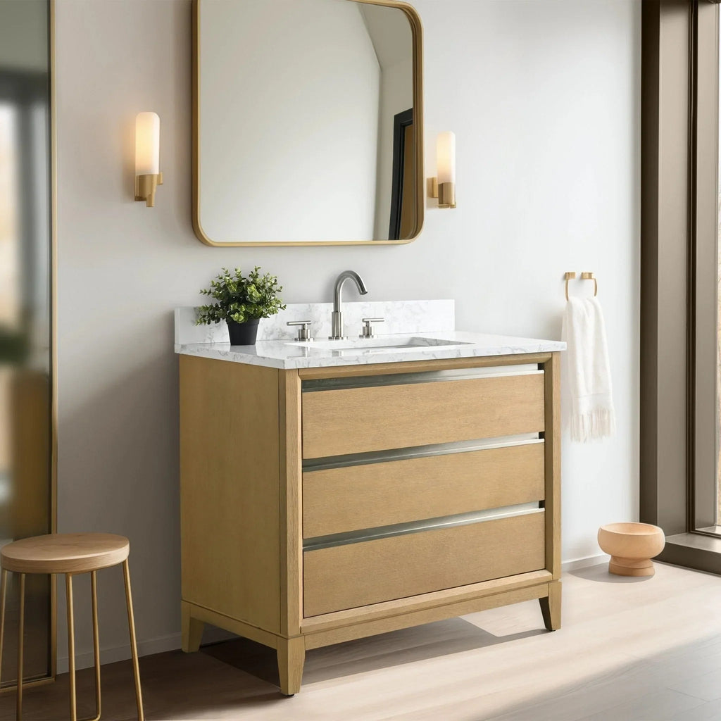 Vanity Art Badezimmerschrank mit Keramikwaschbecken und Platte aus technischem Marmor