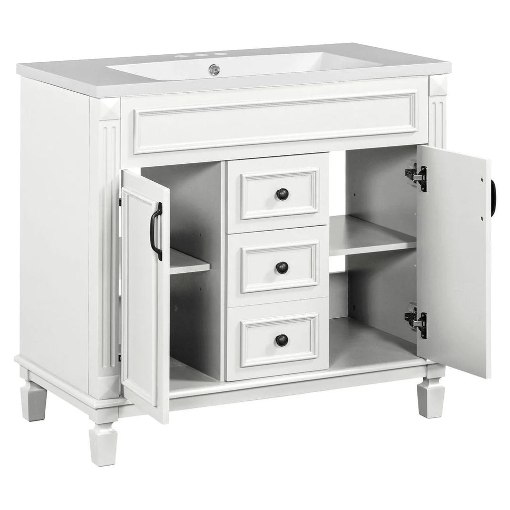 36" Moderner Badezimmer-Waschtisch mit Aufsatzwaschbecken und Spiegelschrank, 2 Türen und 2 Schubladen