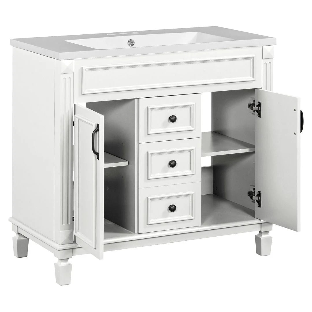 36" Moderner Badezimmer-Waschtisch mit Aufsatzwaschbecken und Spiegelschrank, 2 Türen und 2 Schubladen