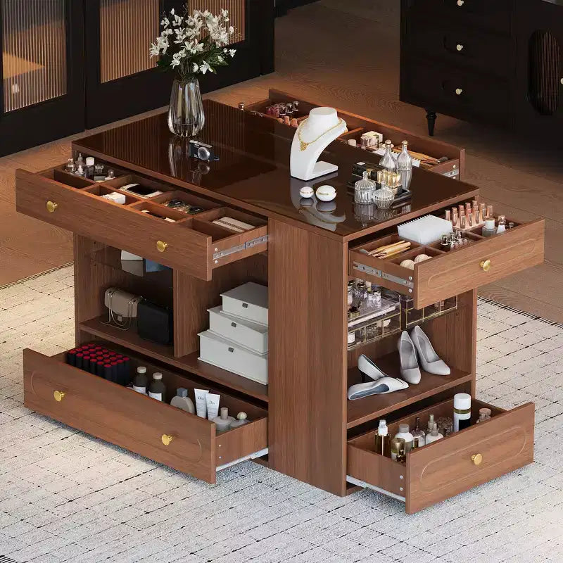 Kleiderschrank-Insel mit 6 Schubladen, Glas-Präsentationsplatte & offenen Regalen