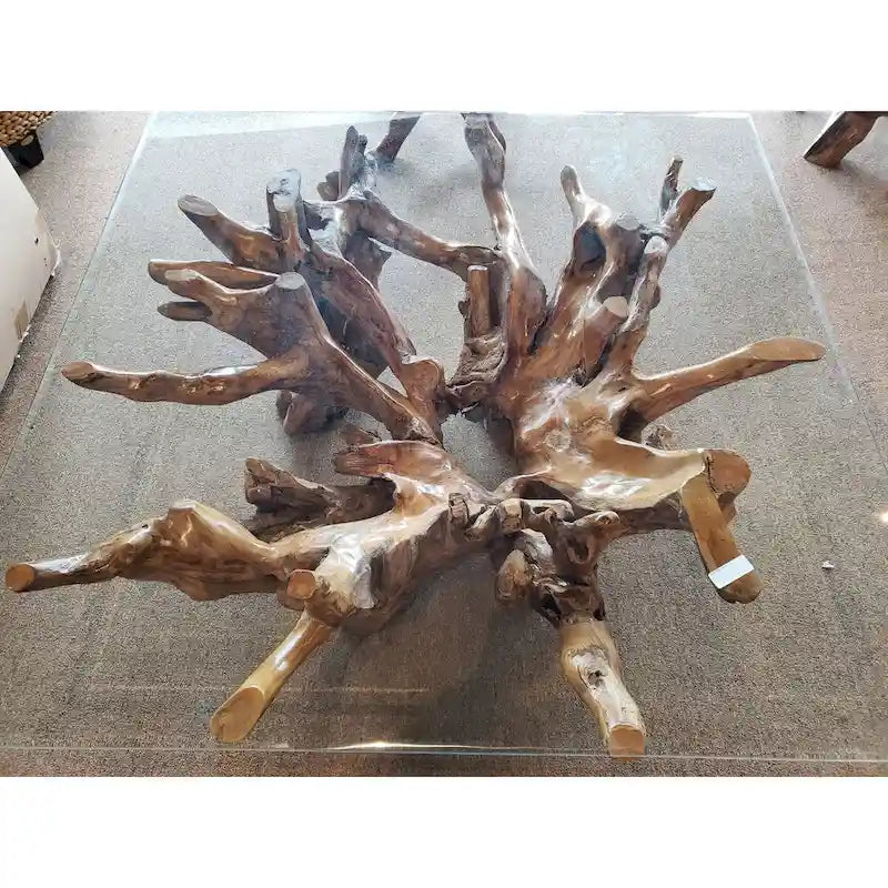 Couchtisch aus Teak-Wurzelholz, inklusive 55-Zoll-Quadrat-Glasplatte