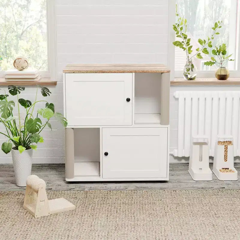 Katzentoiletten-Gehäuse mit zwei Kammern, verstecktes Katzentoiletten-Möbel mit Kratzstämmen und doppellagigen Streumatten für das Zuhause
