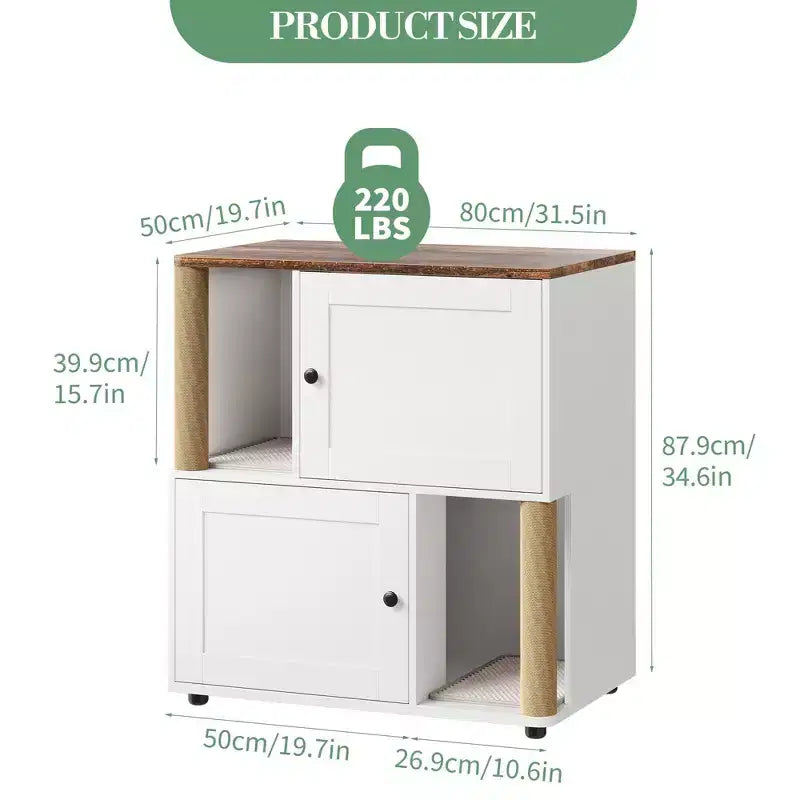Katzentoiletten-Gehäuse mit zwei Kammern, verstecktes Katzentoiletten-Möbel mit Kratzstämmen und doppellagigen Streumatten für das Zuhause