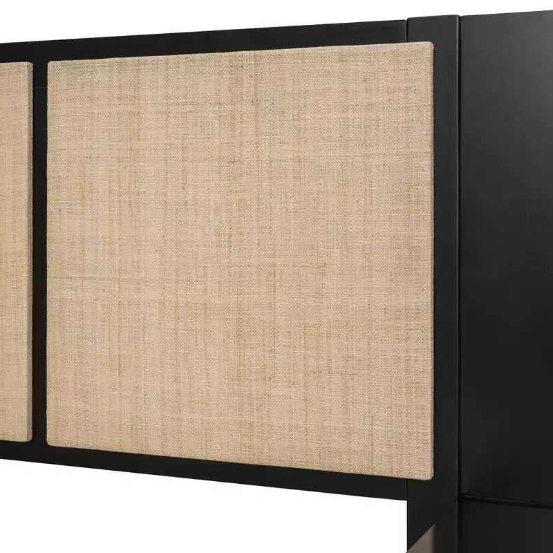 Queen-Size-Bettgestell aus Massivholz mit 2 Nachttischen, elegantes Plattformbett aus Rattan-Holz-Kombination mit Lampen - ModernLuxe