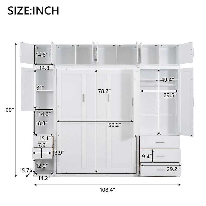 Weißes, modernes Full-Size-Schrankbett mit Schubladen, Fächern und Kleiderschränken