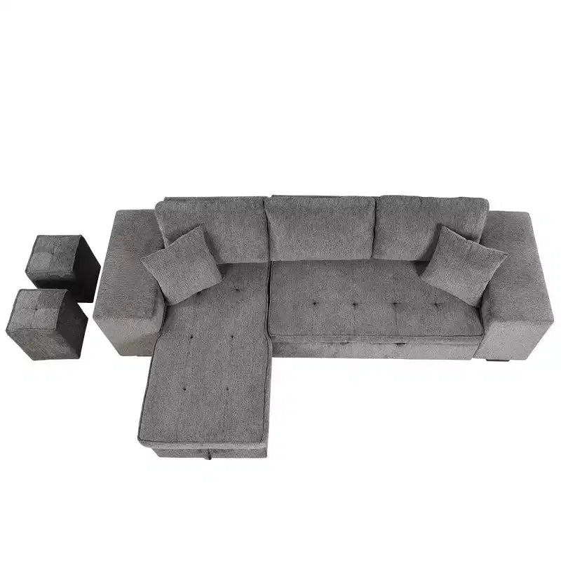 104,5 Zoll L-förmige Schlafcouchgarnitur mit Stauraum-Chaiselongue und 2 Hockern – 3-Sitzer-Schlafsofa mit Schlaffunktion für das Wohnzimmer