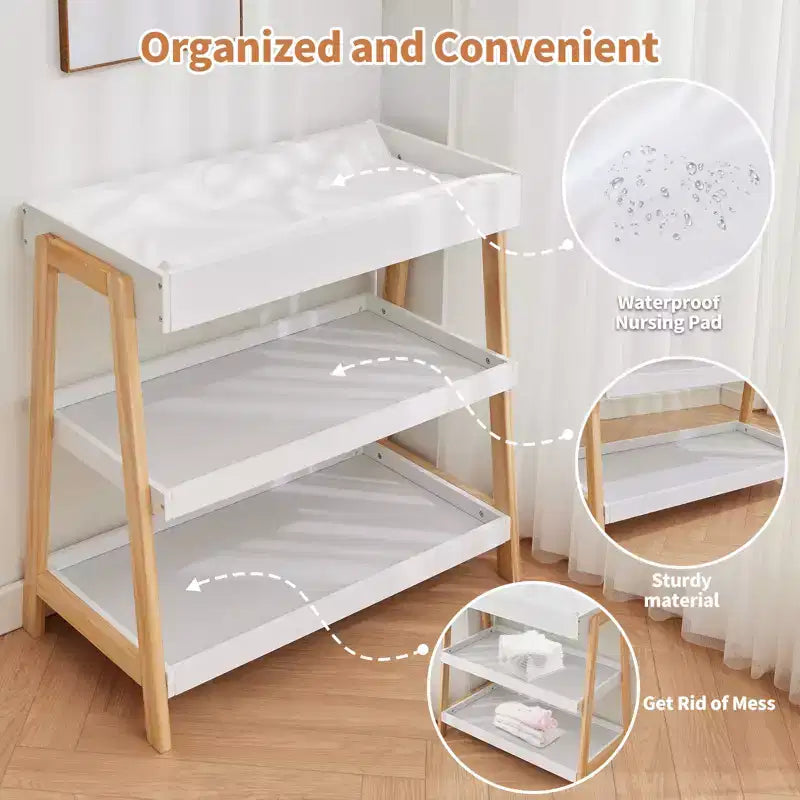 Moderner Wickeltisch mit wasserfester Auflage & 2 Ablagefächern, tragbare Baby-Wickelkommode aus Holz für Neugeborene/Kleinkinder, Holz+Weiß