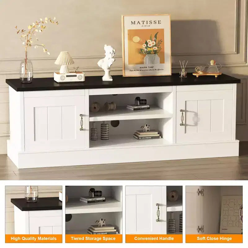 Moderner TV-Schrank für 65-Zoll-Fernseher, rustikales Entertainment-Center aus Holz mit geräumigen Aufbewahrungsschränken, Medienkonsole für Wohnzimmer und Büro