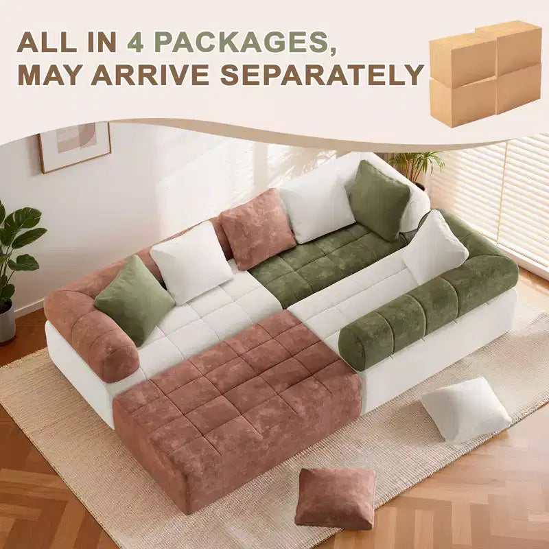 280 cm breites, modulares 4-Sitzer-Sofa aus Chenille im Colorblock-Design mit geschwungenen Armlehnen