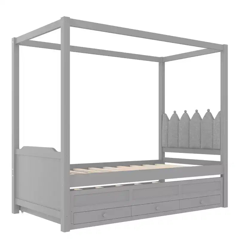 Doppel-/Einzelbett-Plattformbett mit Ausziehbett, Prinzessinnen-Himmelbett aus Holz mit 3 Schubladen, Stauraumbett mit gepolstertem Kopfteil für das Schlafzimmer