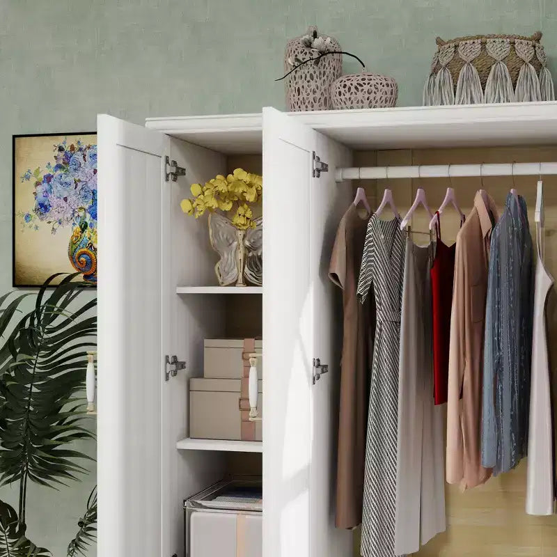 Weiße Holz-Kleiderschrank, 156 cm, mit 2 Schubladen, Kleiderstange und Einlegeböden
