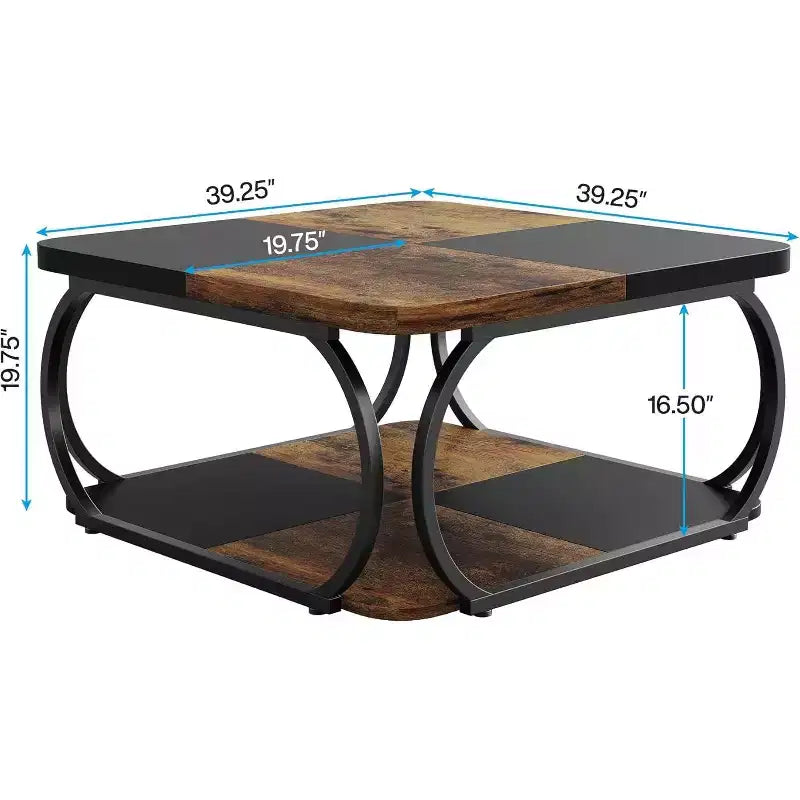 Quadratischer 40-Zoll-Couchtisch mit 2 Ebenen, niedriger Landhaus-Tisch mit Ablagefach für das Wohnzimmer, Schwarz Rustikales Braun