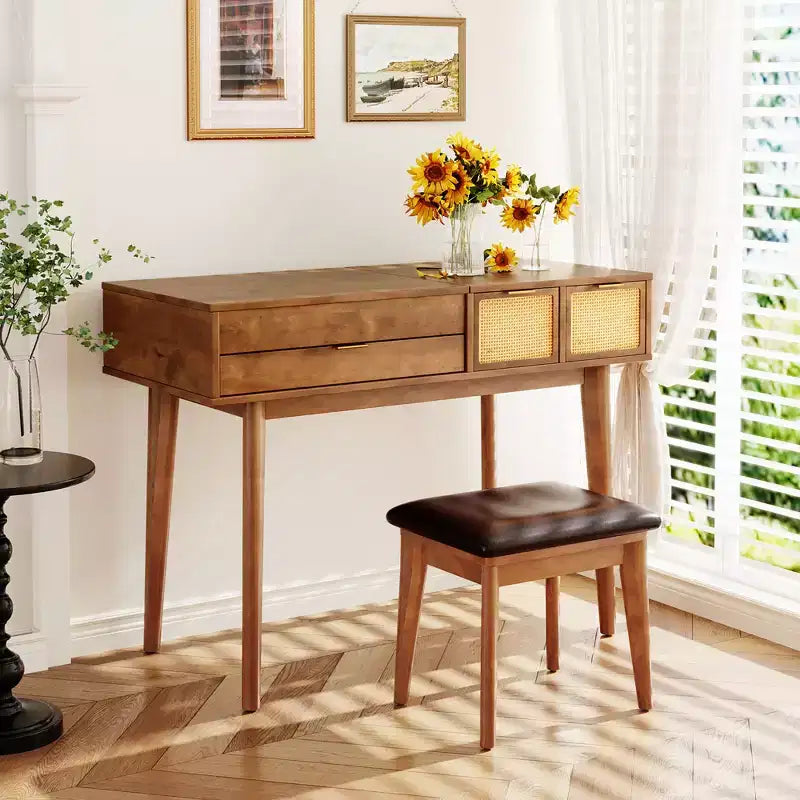 GDFStudio Vita Classic Schminktisch-Set aus Holz mit aufklappbarer Tischplatte, verstecktem Spiegel, 3 Schubladen und gepolstertem Hocker