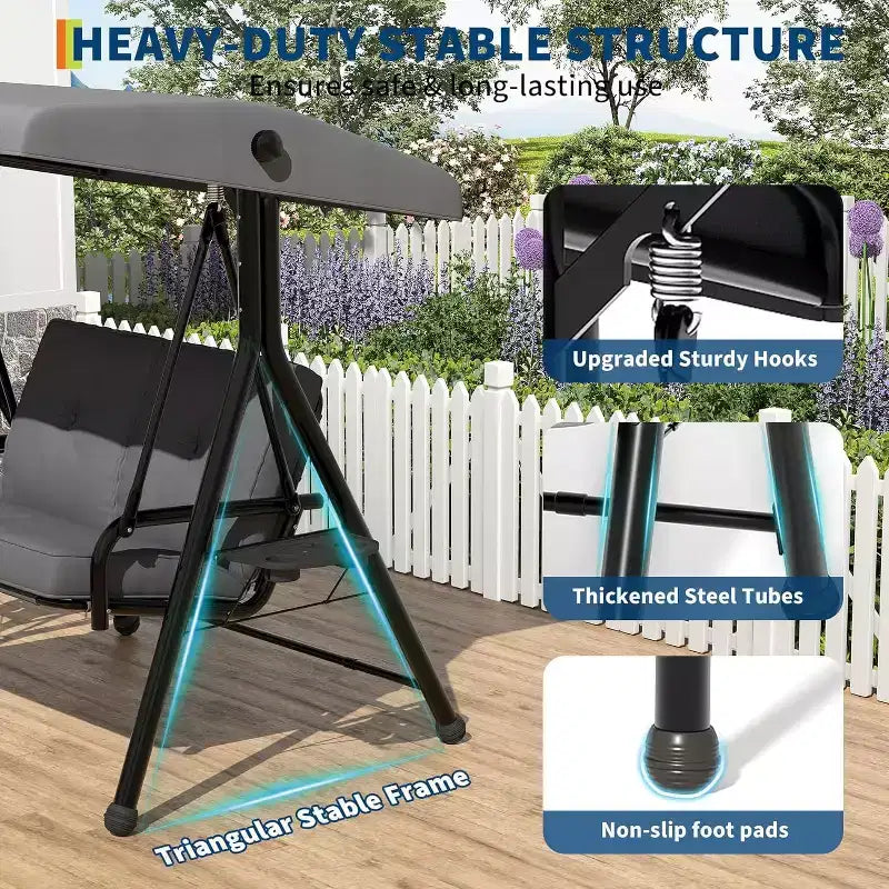 Verstellbarer Outdoor-Doppelsitz-Schaukelstuhl mit Sonnendach, gepolsterter Sitzfläche und robustem Eisengestell – wetterbeständige Gartenbank für Terrasse, Balkon oder Garten
