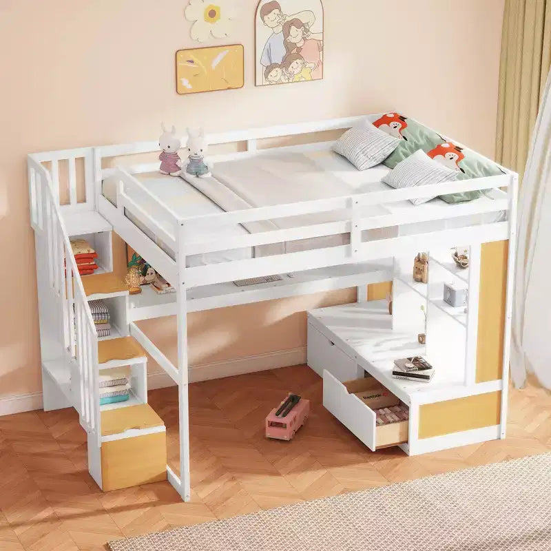 Full-Size-Hochbett mit Treppe und Schreibtisch, Hochbettgestell aus Holz mit Staufächern und Bücherregalen für Erwachsene, Teenager und Kinder