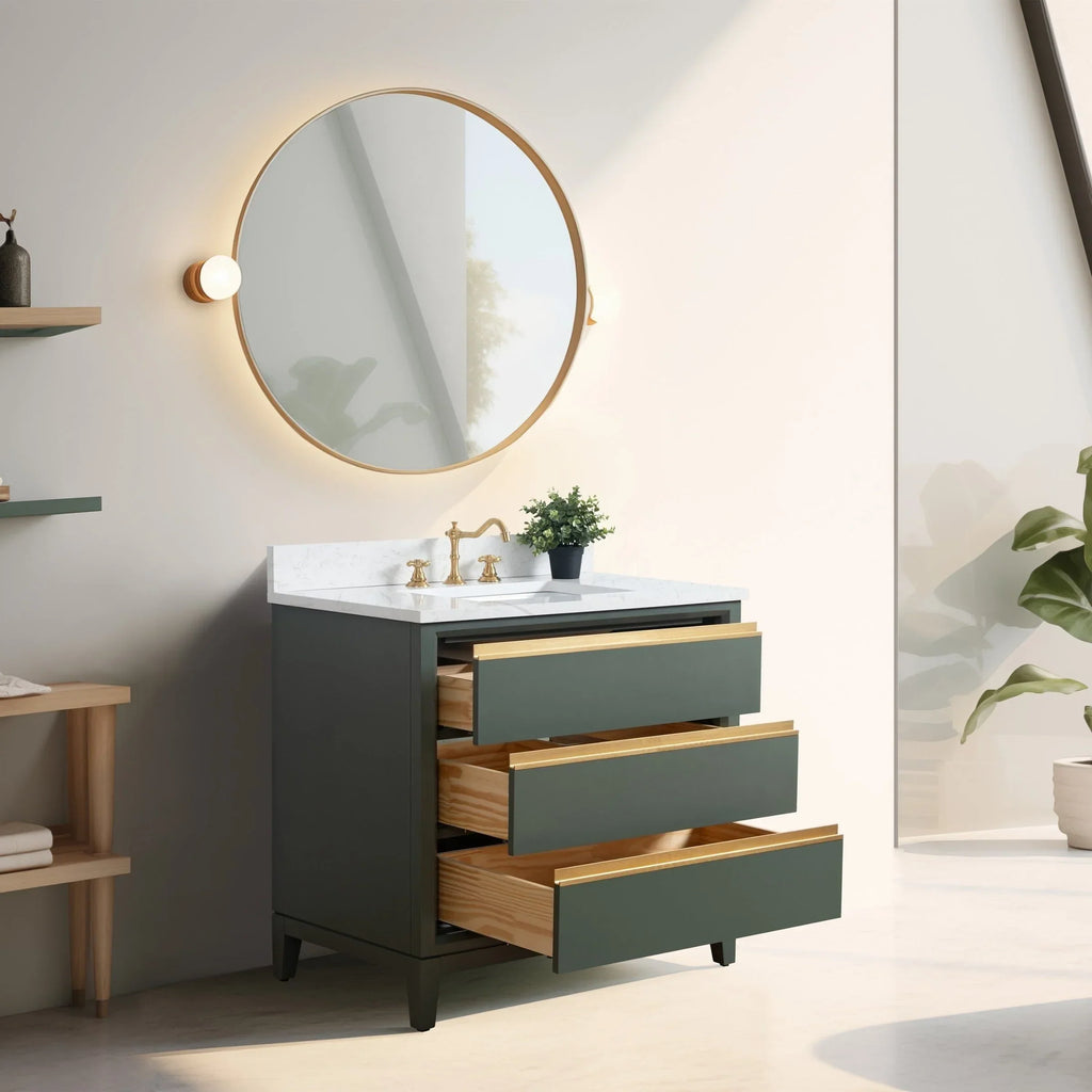 Vanity Art Badezimmerschrank mit Keramikwaschbecken und Platte aus technischem Marmor