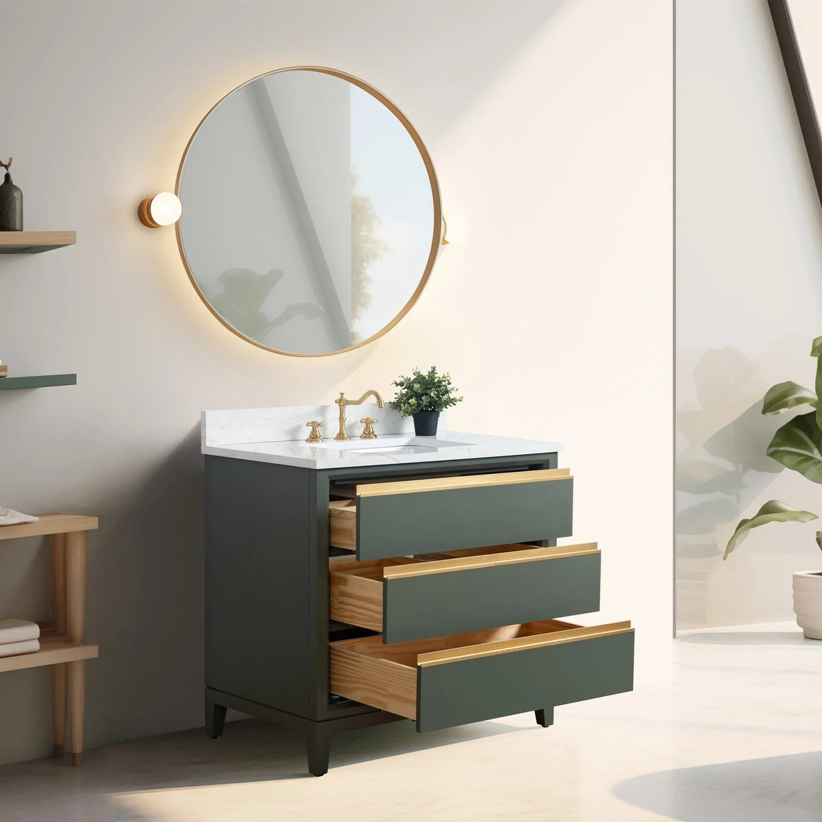 Vanity Art Badezimmerschrank mit Keramikwaschbecken und Platte aus technischem Marmor