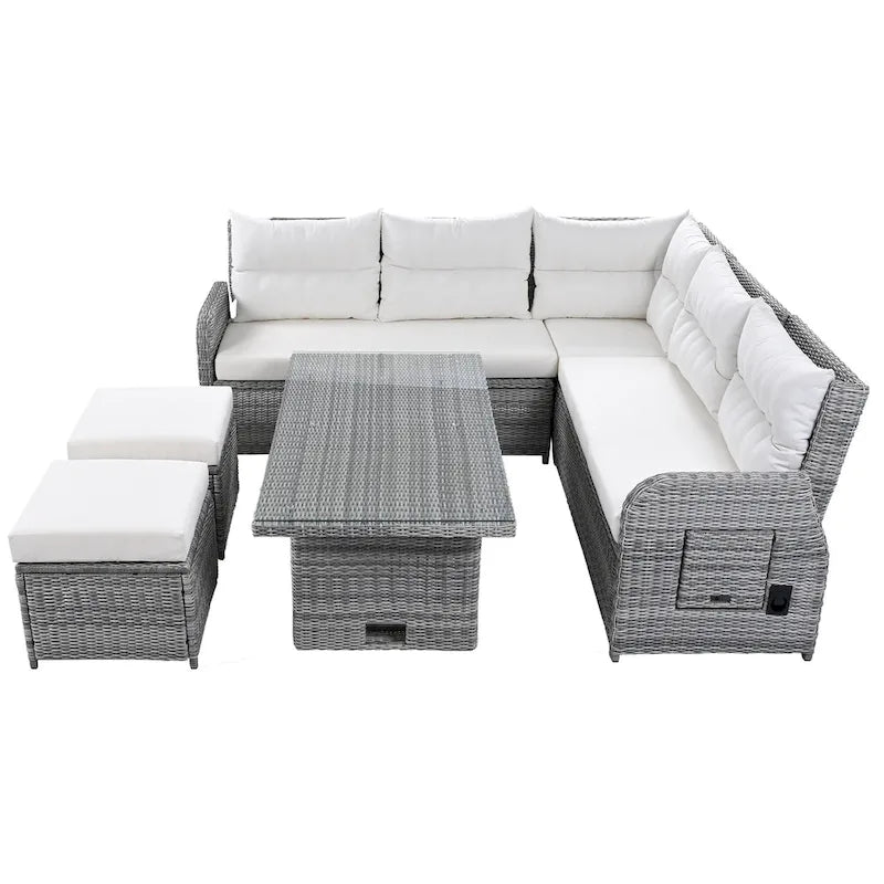 Outdoor-Rattan-Ecksofa-Set mit verstellbarem Tisch und Relaxsesseln