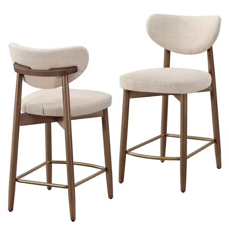 VASAGLE Barhocker aus Holz, 2er-Set, gepolsterte Thekenhöhe Barhocker mit Massivholzbeinen, ergonomischer Rückenlehne, Leinen-Optik-Stoff, Cappuccino