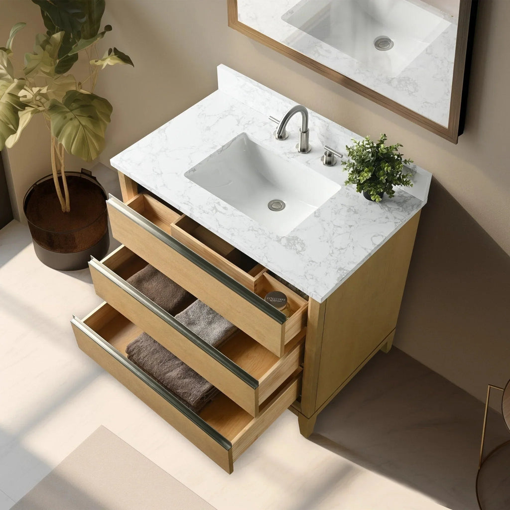 Vanity Art Badezimmerschrank mit Keramikwaschbecken und Platte aus technischem Marmor