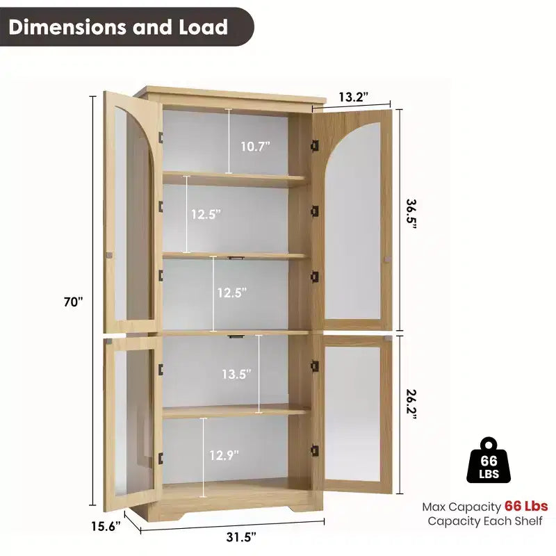 178 cm hoher Küchenschrank, moderner Vitrinenschrank mit 4 gewölbten Glastüren und verstellbaren Einlegeböden, für Küche, Wohnzimmer, Esszimmer, Badezimmer