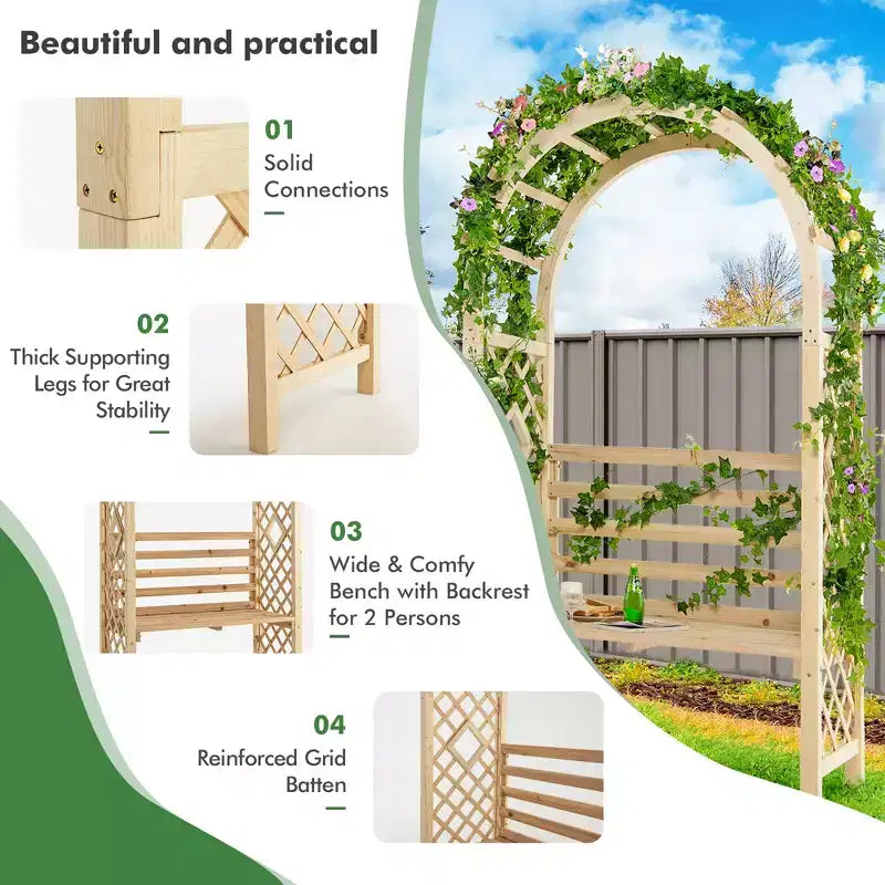 Costway Gartenbank aus Holz mit Rundbogen-Pergola, Gartenpavillon mit Rückenlehne, Terrassen-Rankgerüst