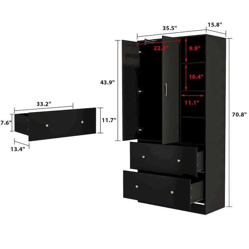 Kleiderschrank mit Spiegel, verstellbarer Kleiderstange und platzsparendem Design