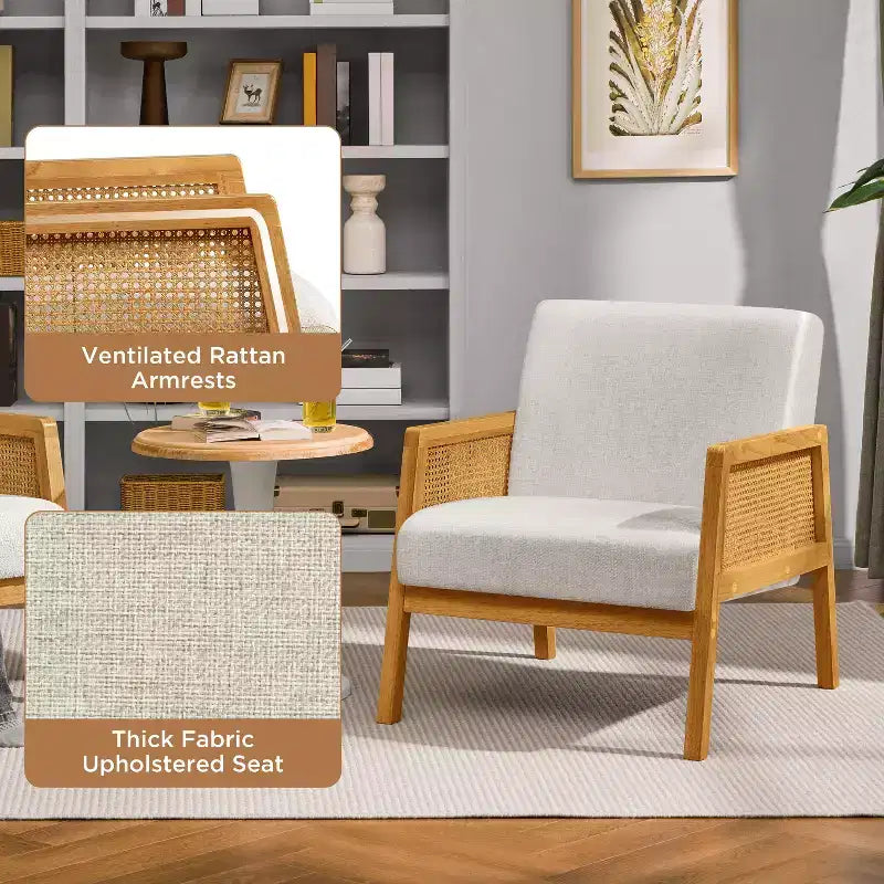 Yaheetech 2er-Set gepolsterte Akzentstühle mit Rattan-Seiten für Wohnzimmer und Schlafzimmer