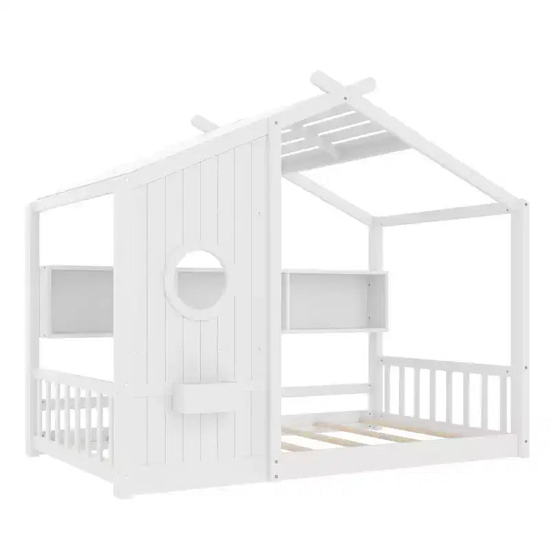 Bodenbett für Kinder in Twin-Größe, Montessori-Hausbett mit Ablagefach und Dachdesign