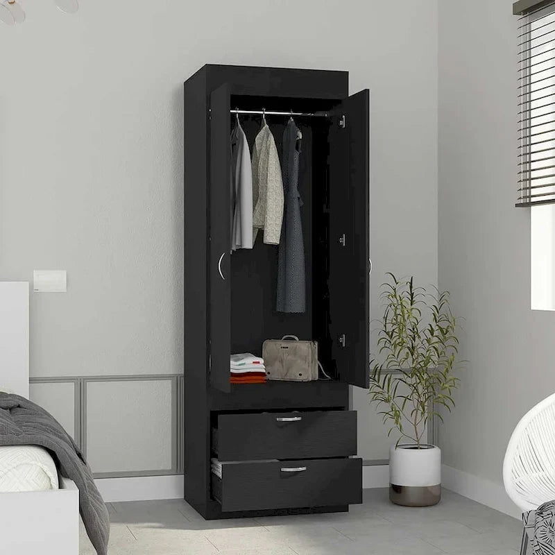 18.9 Moderner zweitüriger Kleiderschrank mit zwei unteren Schubladen und Kleiderstange fürs Schlafzimmer