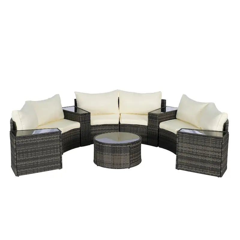 11-teiliges modulares Outdoor-Sofa-Set mit halbrunden Elementen, Couchtisch aus gehärtetem Glas und 4 Beistelltischen
