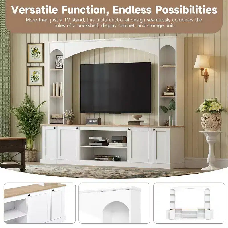 Whisen 91 Medienkonsole, gewölbte Entertainment-Center-Wandkombination im Landhausstil mit Bücherregal, Holzmaserung, für Fernseher bis zu 70 Zoll