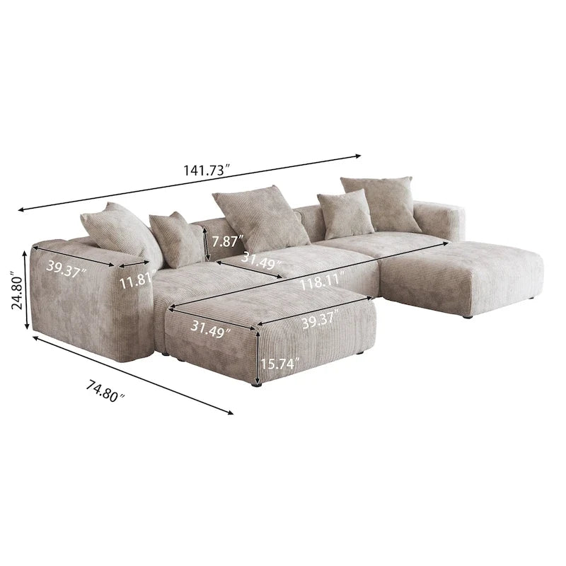 141.73 Modulares Ecksofa, U-förmiges Cord-Sofa mit Ottomanen
