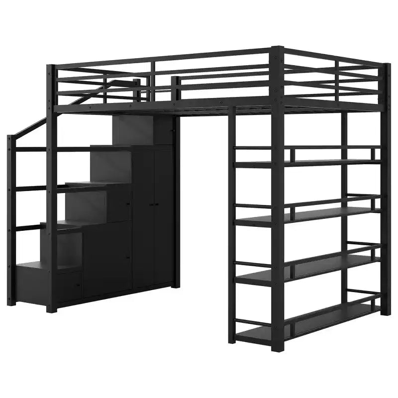 Queen-Size-Metall-Hochbett mit Ablagefächern, Schränken und Kleiderschrank