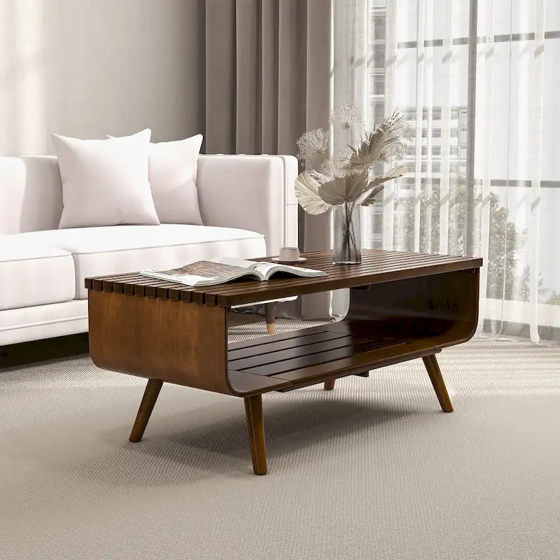 Adelina rechteckiger Couchtisch aus massivem Holz im Mid-Century-Stil in Braun
