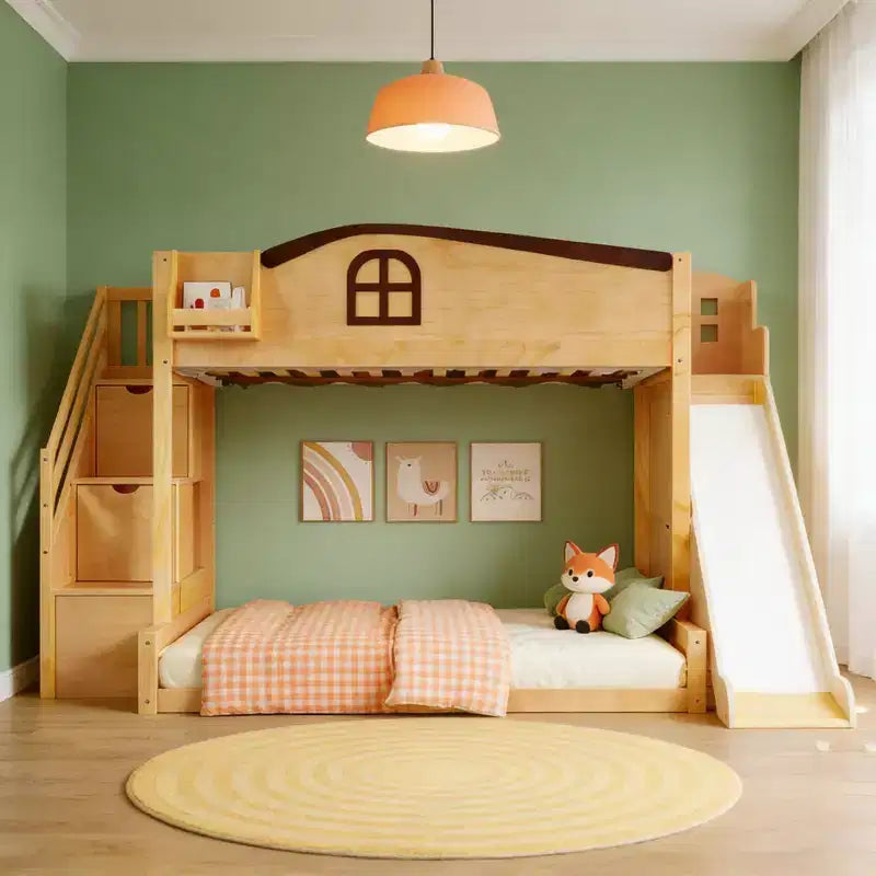 Etagenbett (90x200 cm oben / 140x200 cm unten) mit Rutsche, Regalen, Treppe mit Stauraum und Kleiderschrank für das Kinderzimmer